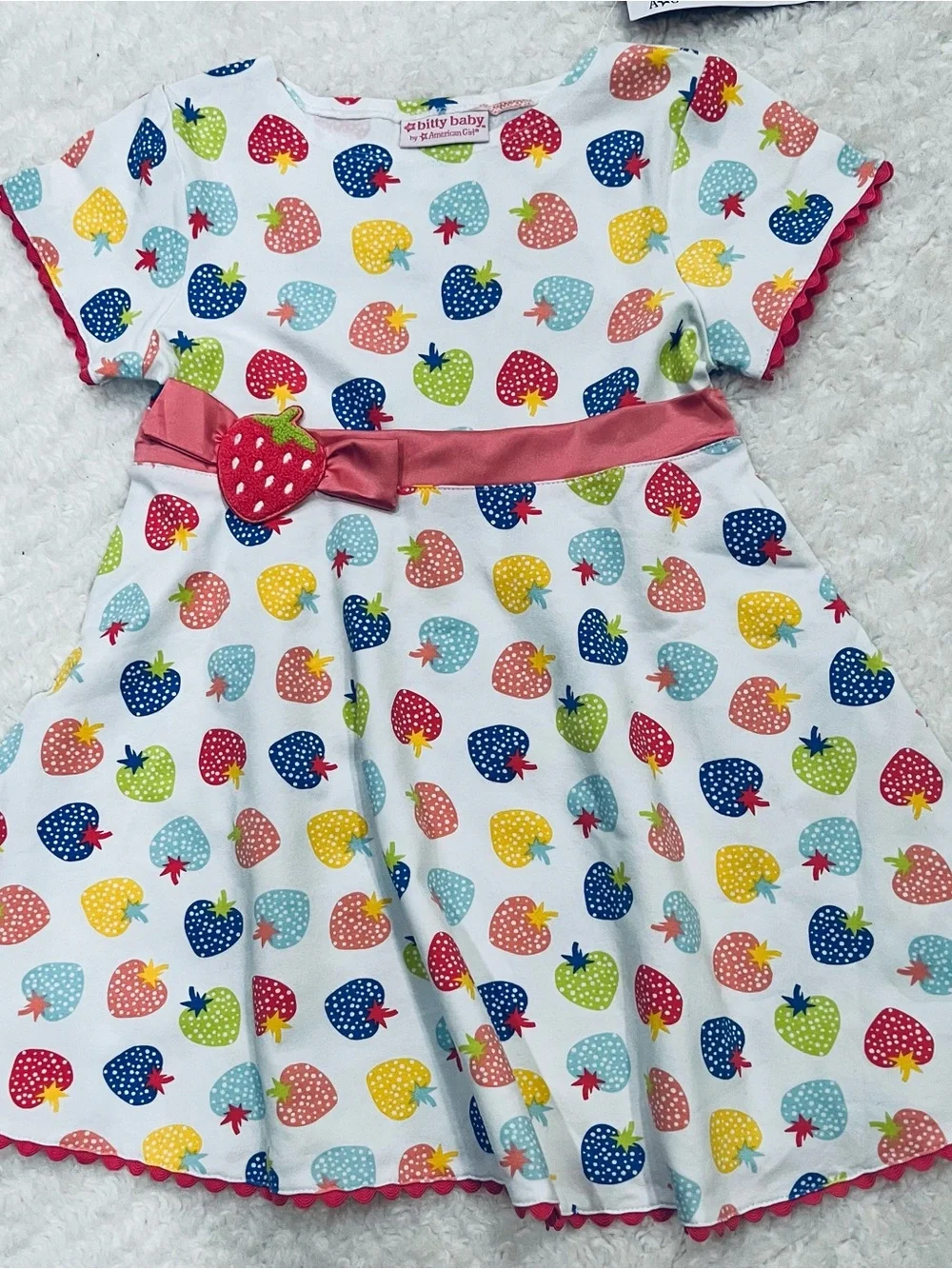 American Girl Bitty Baby White Strawberry Print Dress with Pink Belt
